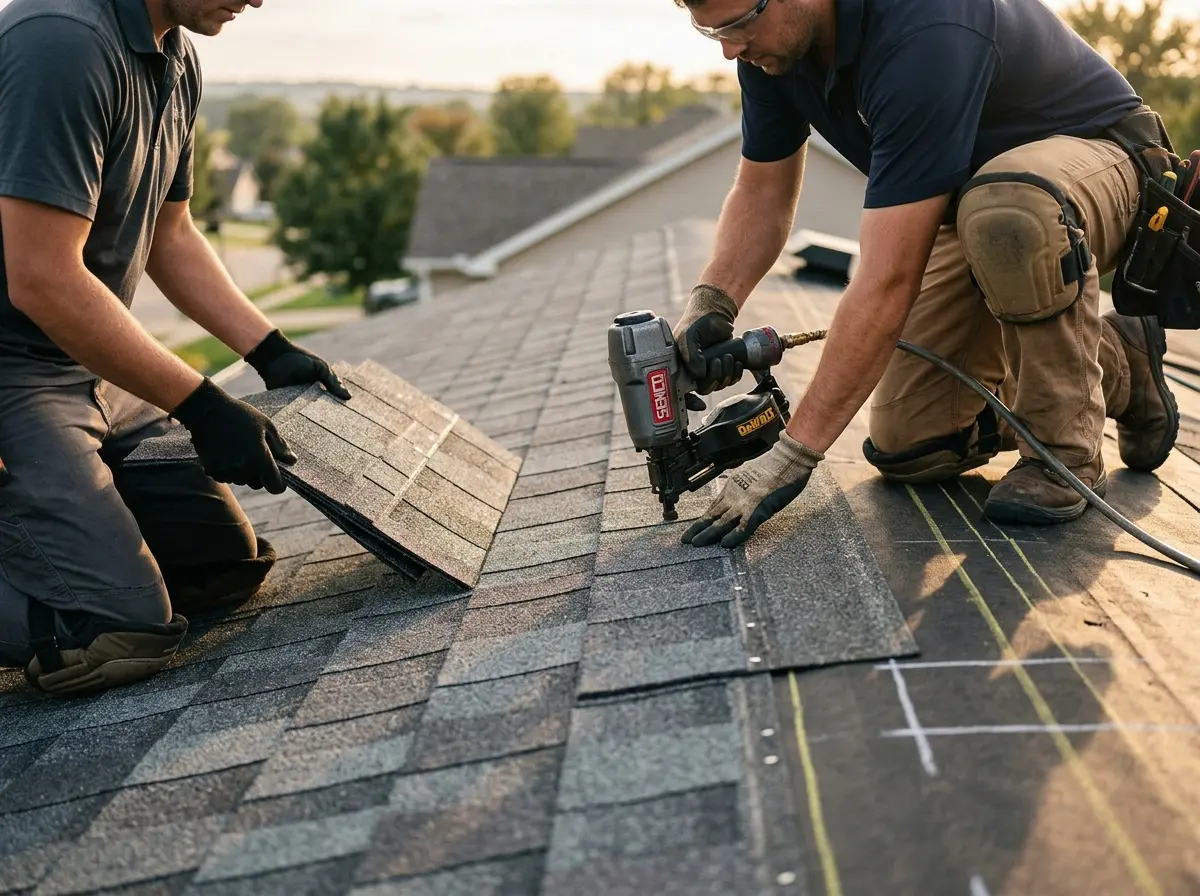 Professional roofer working on a residential roof in Montrose